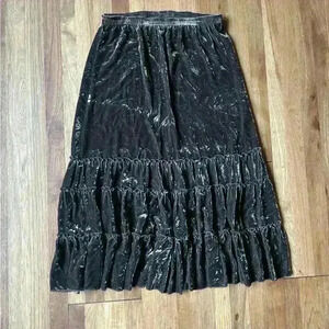 Chicos Tiered Dark Brown Velvet Midi Skirt Sz 2‎ Whimsigoth Fairy Holiday Boho
